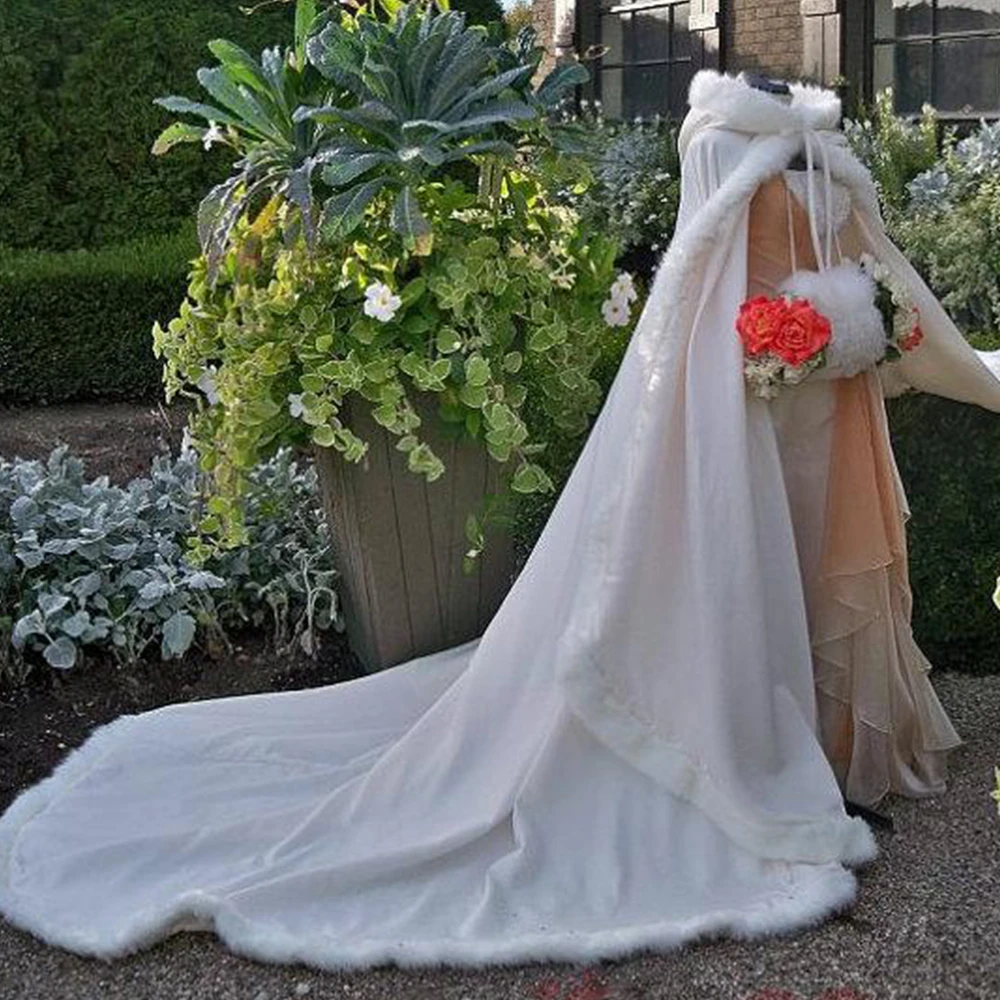 

Bridal Winter Wedding Cloak Cape Faux Fur Long Train Bridal Wraps Hooded Winter Jacket Bolero Wedding Coat Accessories