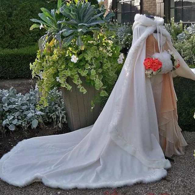 Price Bridal Winter Wedding Cloak Cape Faux Fur Long Train Bridal Wraps Hooded Winter Jacket Bolero Wedding Coat Accessories