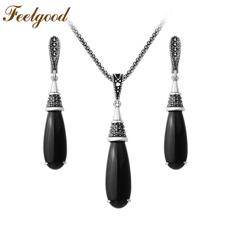 Feelgood античное серебро Цвет Винтаж ювелирные наборы черная длинная водяная капля кулон ожерелье и серьги набор для женщин подарок