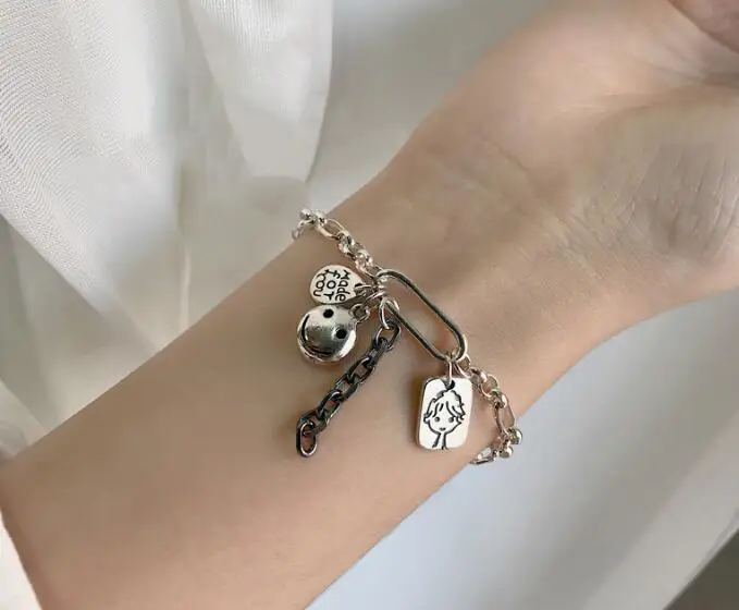 

retro Authentic 925 Sterling silver Emoji &Boy tassel European Beads chain Bracelet fine jewelry TLS182