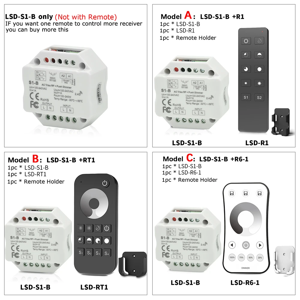 Симистор светодиодный диммер 220V 230V 110V AC Беспроводной РЧ с регулируемой яркостью кнопочный переключатель с 2,4G пульт дистанционного управления для одного Цвет светодиодный лампы