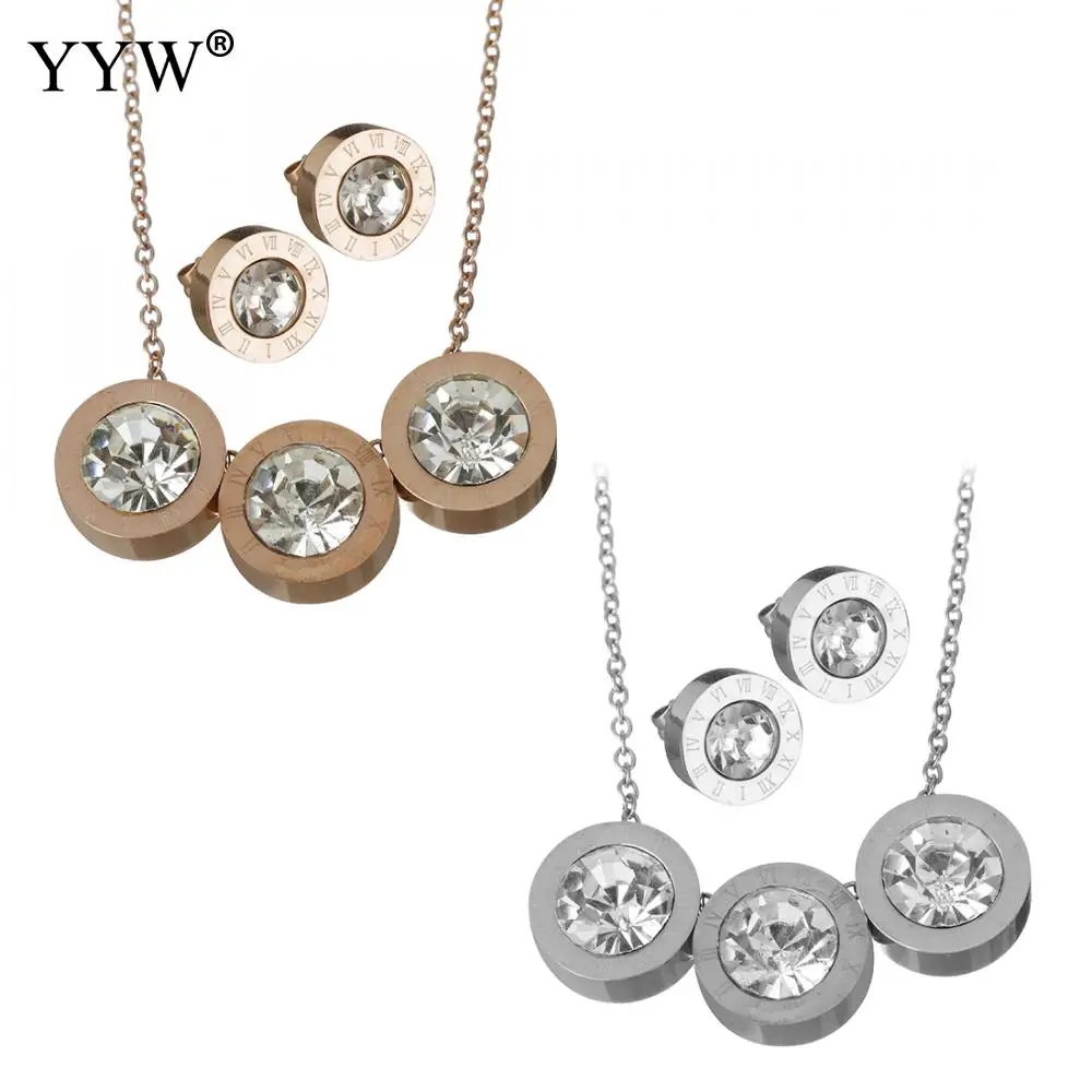 

Women Fashion Stainless Steel Jewelry Sets Stud Earring and Necklace Rhinestone Roman Numerals Oval Chain Bridal Jewerly Suit