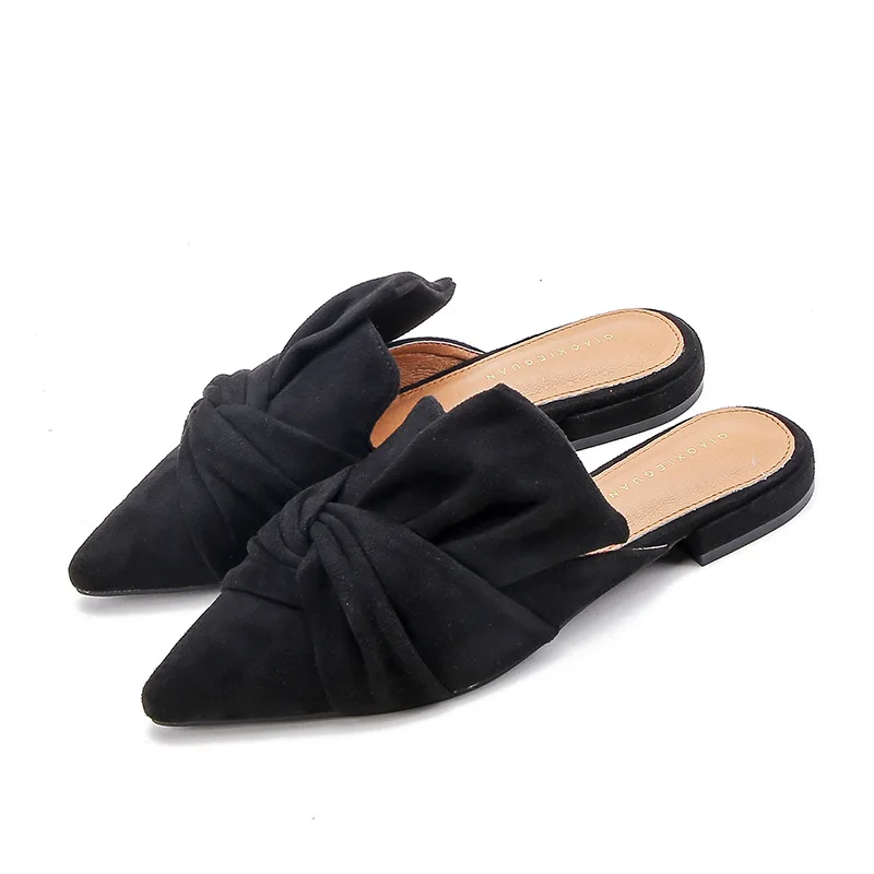 Мюли женские из флока с бантом туфли на низком каблуке заостренный носок