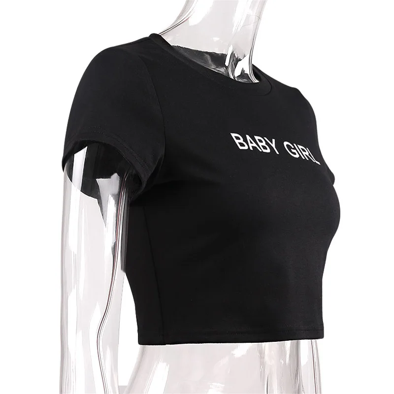 Женский укороченный топ для маленьких девочек с буквенным принтом; пикантная облегающая футболка с графическим принтом; хипстерские черные повседневные футболки из хлопка в стиле Харадзюку