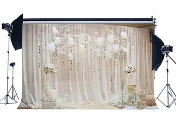 

Wedding Ceremony Backdrop Interior Stage Decoration Wallpaper Backdrops White Curtain Fresh Flowers Bokeh Background