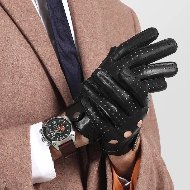 Genuine Leather Men Gloves Male Spring Autumn Thin Style Locomotive Driving Sheepskin Gloves Breathable Unlined 2520