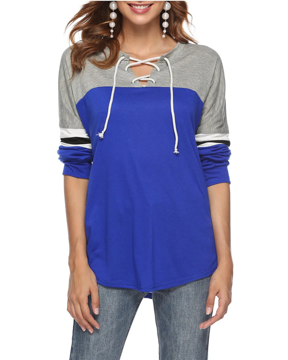 Women Contrast Patch Casual Lace Up V Neck Long Sleeve Tops T Shirt Tees