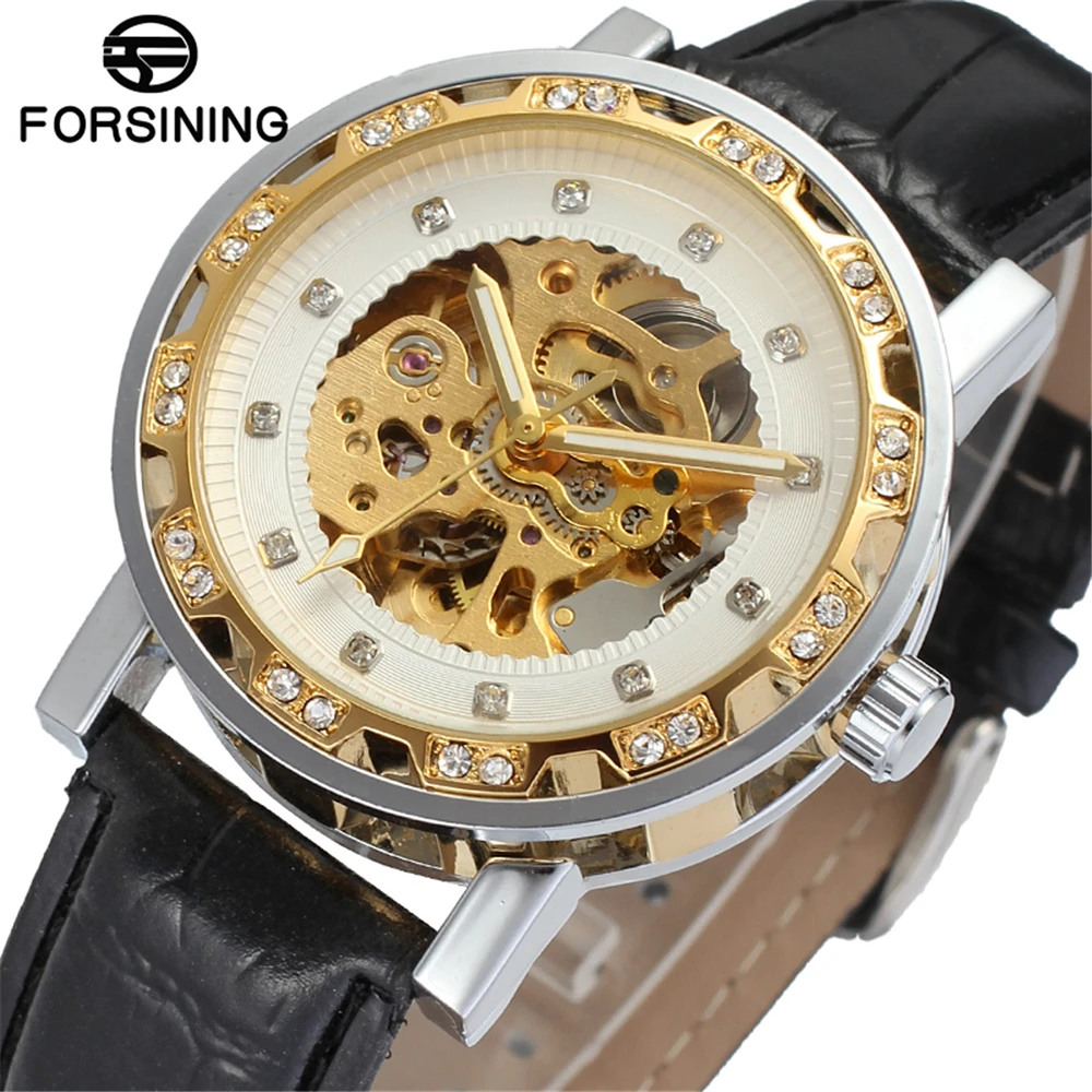 FORSINING Golden Watches Men Skeleton Mechanical Watch Leather Strap Top Brand Luxury Diamond Classic Wristwatch | Наручные часы