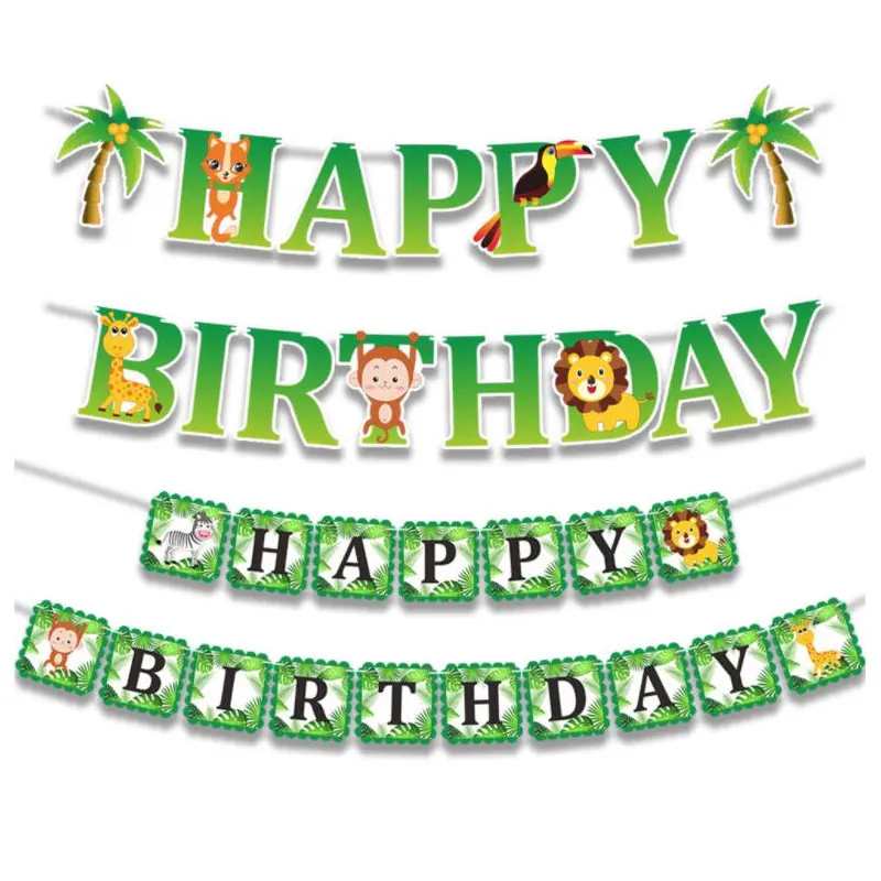 Hutan Hijau Hewan Pesta Ulang Tahun Banner Kertas Singa Monyet