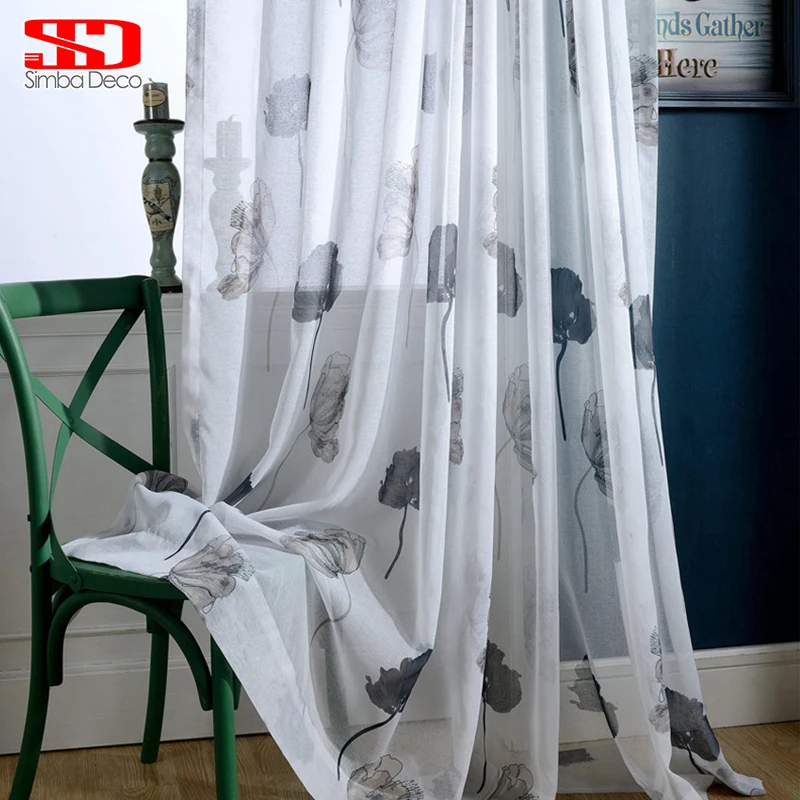 Black White Sheer Curtains For Living Room Floral Chinese Voile Ink