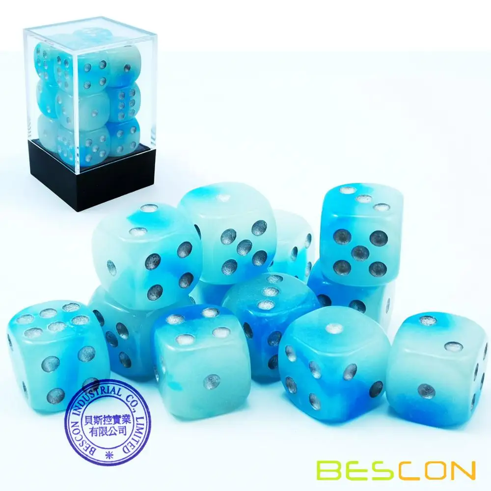 Bescon Two Tone Glowing Dice D6 16mm 12pcs Set of ICY ROCKS, 16mm Six Sided Die (12) Block of Glowing Dice 4