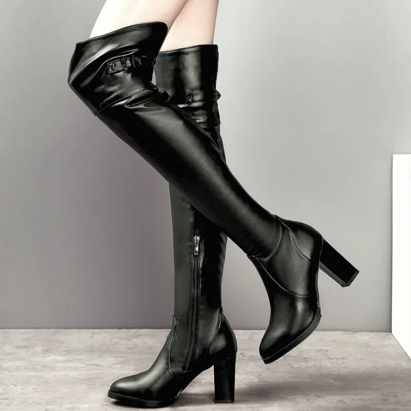 

Fur Winter Warm Over the Knee Boots Women Pu Leather Thick High Heel Thigh Boots Zipper Long Boots Woman Shoes Plus Size 2018
