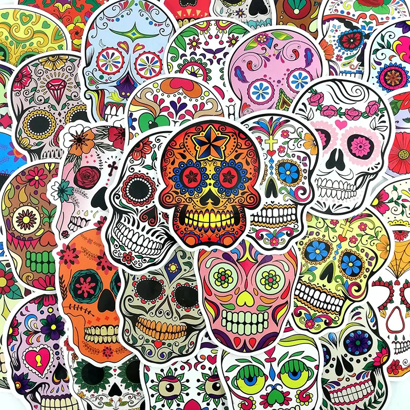 50 Pcs Floral Designs Skull Heads Mixed Series Stickers For Notebook PC Skateboard Bicycle Car Moto DIY Waterproof Toy Sticker