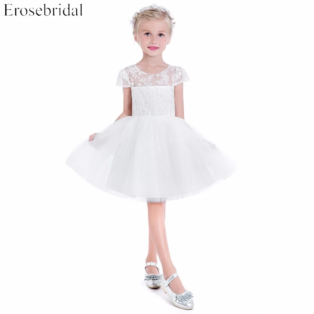 

2019 Flower Girl Dress Erosebridal White Wedding Girls Dresses Elegant Ball Gowns Short Sleeve Little Girls BHT-5 In Stock