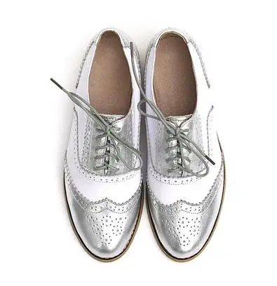 Большие размеры 33–47 Обувь с перфорацией; туфли-оксфорды Женские туфли-лодочки новые модные туфли из натуральной кожи женская обувь Женская обувь - Цвет: Silver white