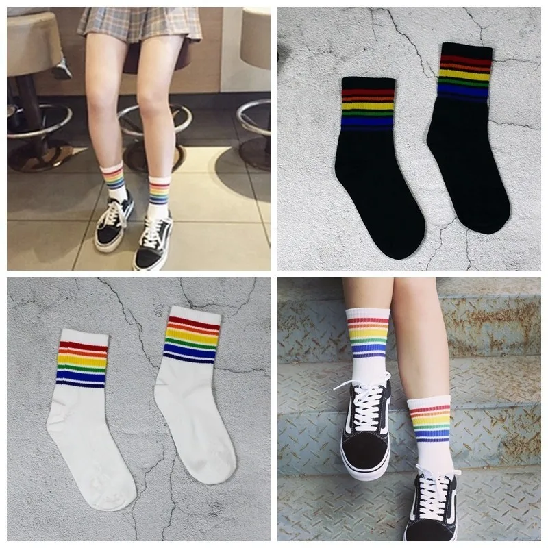 Harajuku Cool Skateborad короткие радужные носки женские модные белые хлопковые