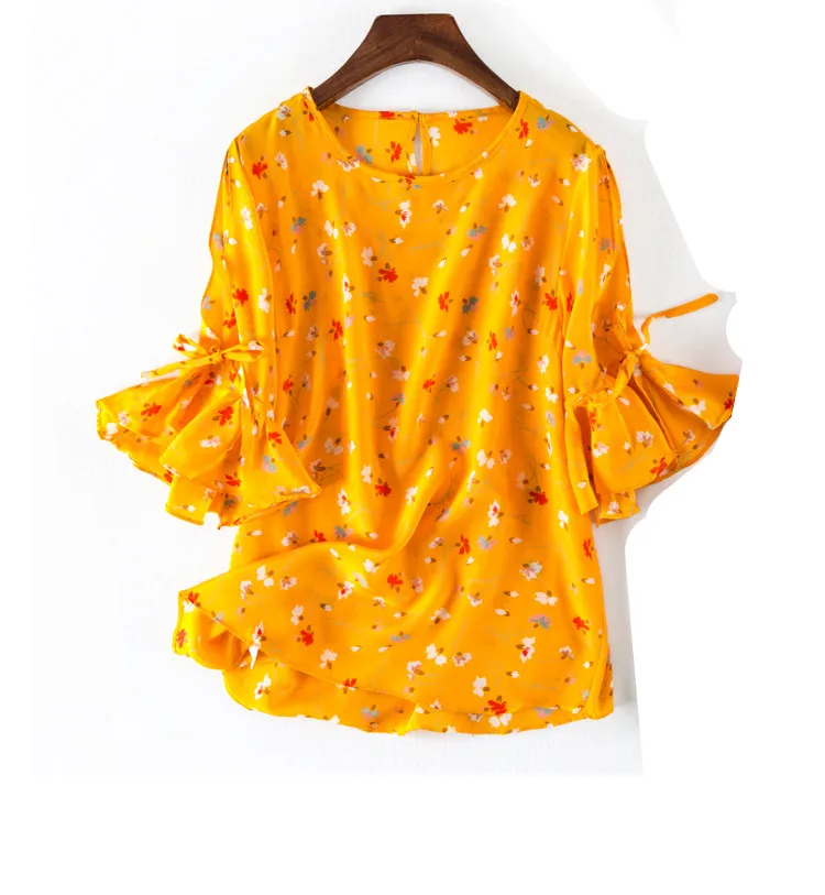 

Women Summer 100% Natural Silk Blouse Real Silk Flare Sleeve Basic Shirt floral print casual Top Shirts Silk Blouses for Women