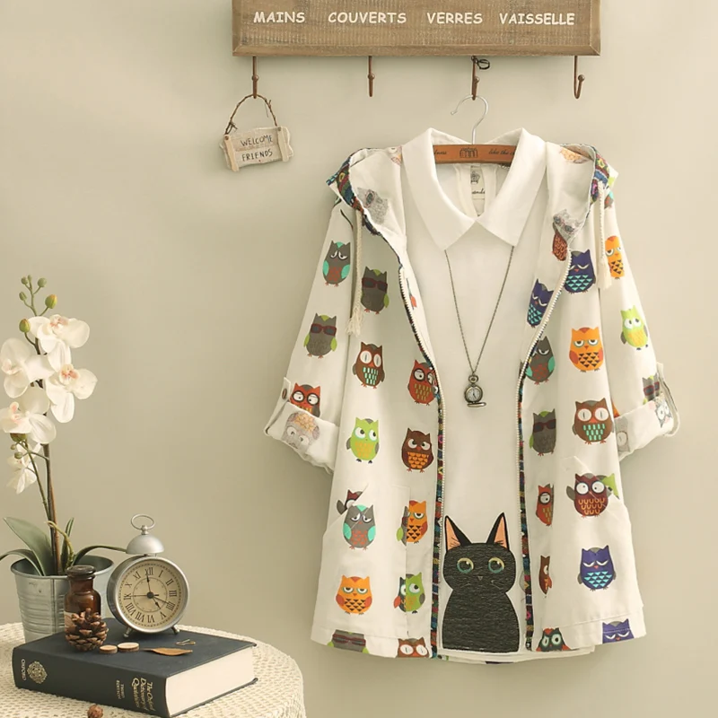 

Free Shipping Floral Mori girl Japanese OWL hooded embroidered loose cotton long sleeve coat Cardigan woman jackets