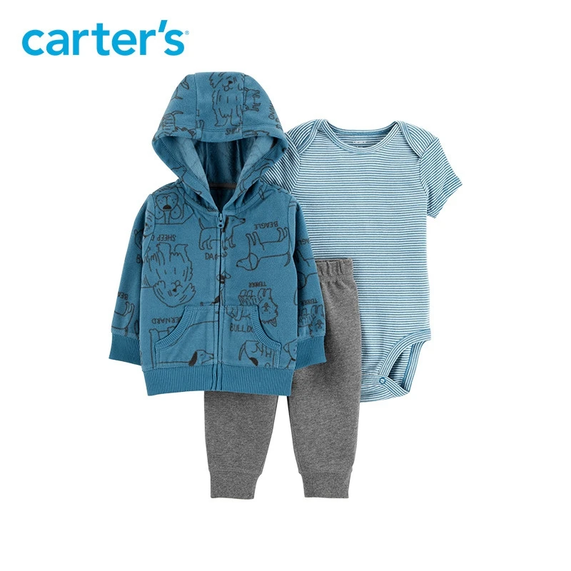 

3pcs soft cotton stripes animals print hood jacket set Carter's baby boy spring autumn clothing 121I927