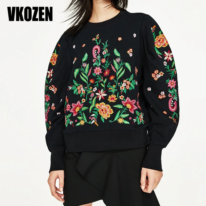 Buy Women Vintage Flower Embroidery Sweatshirt O Neck