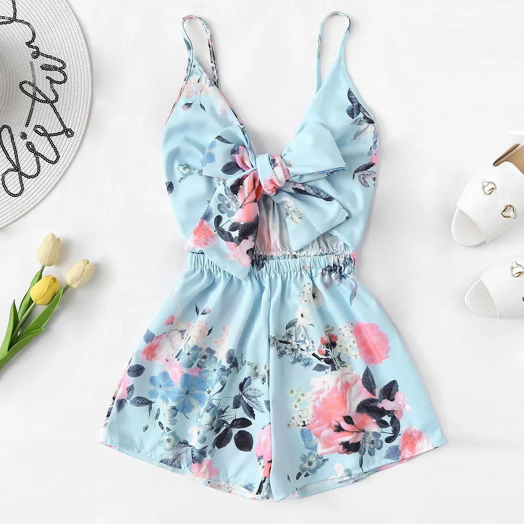 

Women's V-Neck Casual Sleeveless Tie Front Floral Print Cami Romper Women'S Summer Brief Overalls Kombinezony For Women#30