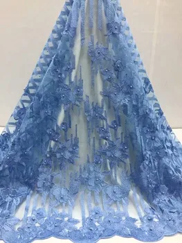 

French Net Lace Fabric 2019 Latest African Guipure Lace Fabric with Embroidery Mesh Tulle beads Sequins Lace Fabric sky blue