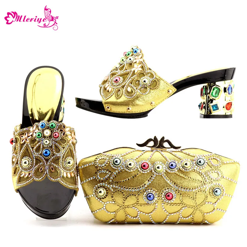 New Arrival Gold Color Italian Shoes with Matching Bags Shoes and Bag Set African Sets 2018 Shoe and Bag Italian Design Sets