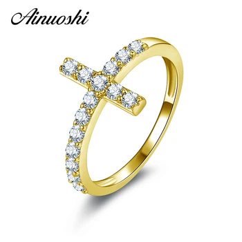 

AINUOSHI 14K Solid Yellow Gold Cross Ring for Christian Micro Pave SONA Simulated Diamond Wedding Birthday Pary Ring Women Gift
