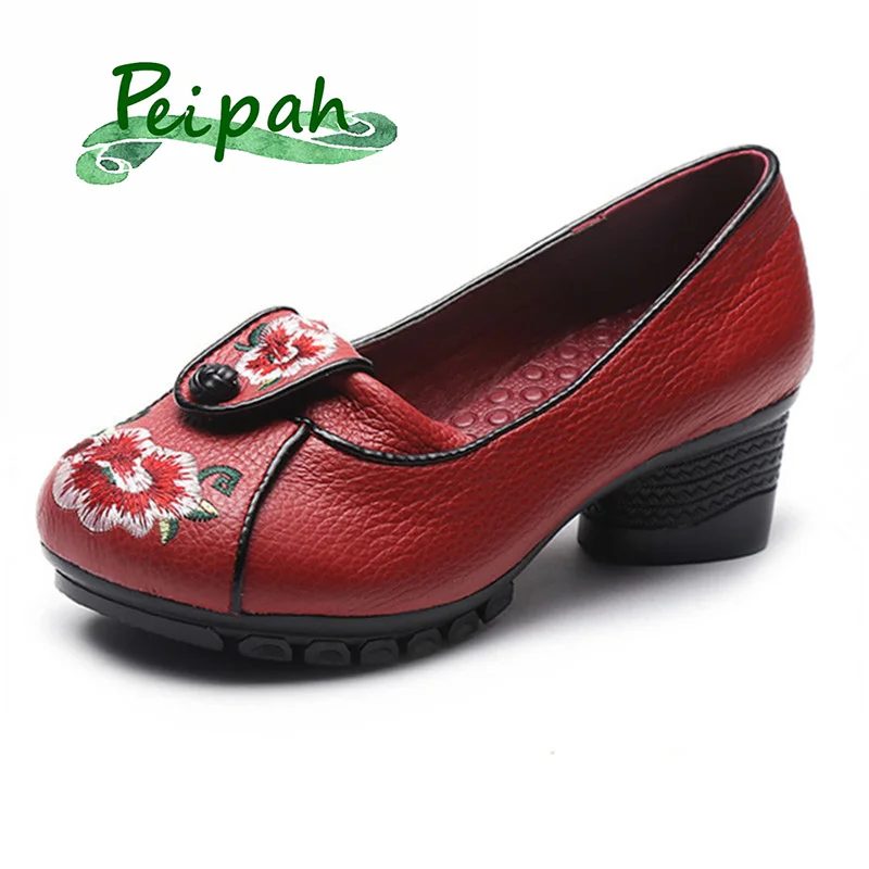 

PEIPAH Retro Women Pumps Genuine Leather Spring Shallow Single High Heels Shoes Slip On High Heeled Women's Shoes Mary Janes