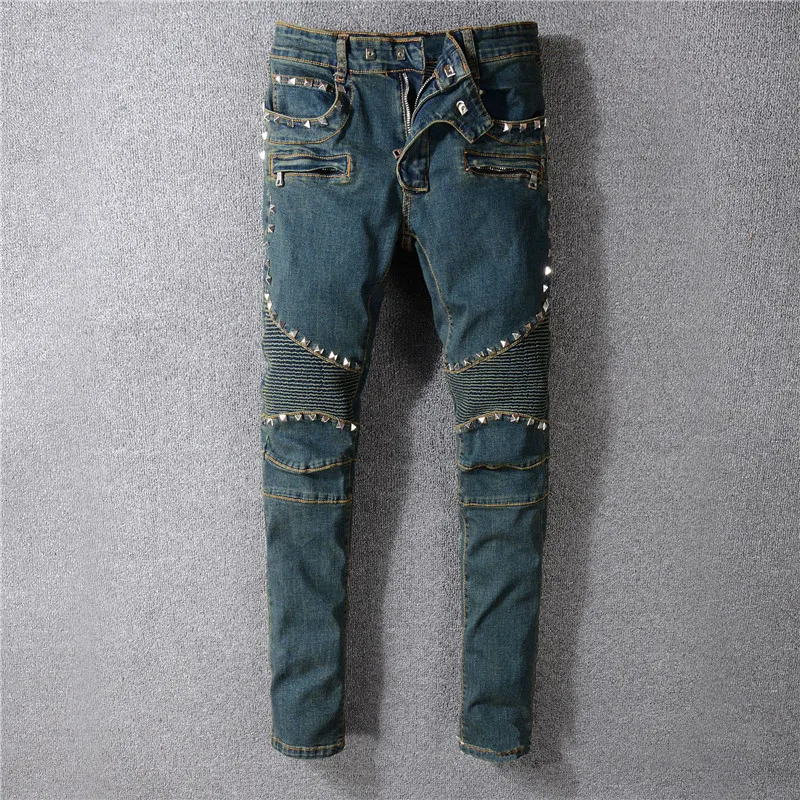 KIMSERE Men Hi Street Biker Jean Pants With Rivets Fashion Streetwear Motorcycle Denim Trousers Punk Style Brand Designer - Цвет: Синий