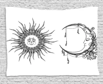

Apartment Decor Collection Sun and Moon with Ethnic Anthropomorphic Face Celestial Spiritual Symbol Decor Print Room Tapestry