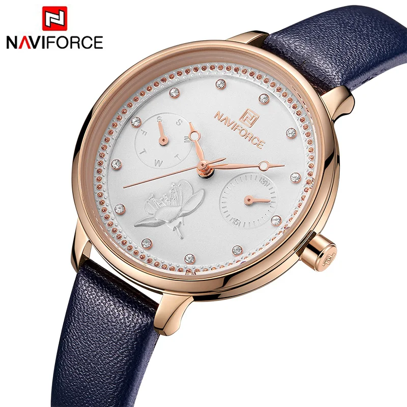Goedkoop NAVIFORCE Top Merk Luxe Crystal Blue Vrouwen Horloge Dames Lederen Waterdichte Quartz Horloge Vrouwelijke Datum Week Display Klok