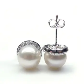 

Free Shipping Classic AAA South Sea Cultured White Pearl Diamond Stud Earrings 18K White Gold