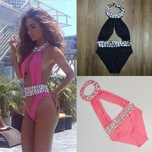 Сексуальные стринги Монокини, Женский Цельный купальник с лямкой через шею, с бриллиантами, с вырезами, купальный костюм, бикини, роскошный купальник с открытой спиной
