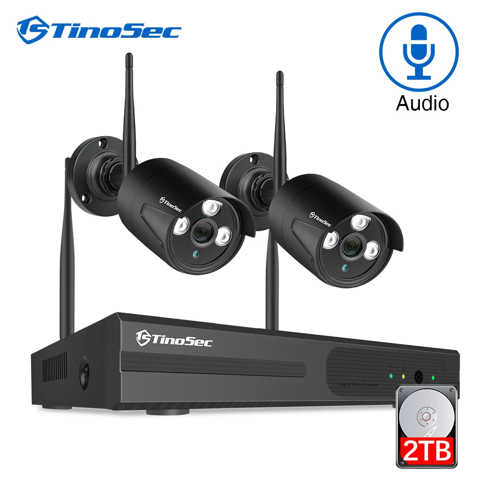 TinoSec 4CH Беспроводной NVR комплект HD 1080P 2 шт 2MP аудио IP камера система безопасности