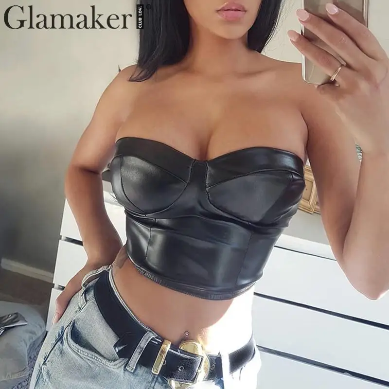 

Glamaker PU leater strapless bodycon crop top Women summer push up tank top camisole Female black elegant cropped sexy top camis