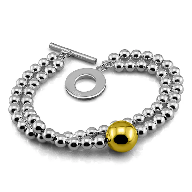 

Retro fashion sterling silver bracelet for lady Solid 925 Silver Double Row Bead Bracelet. Personality woman gold silver jewelry