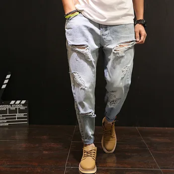 

Plus Size Hole Ankle-Length Man Jeans Cuffs Plus Size Light Blue Denim Pants Male Trousers Size 40 2020 Man Clothes RMP175013
