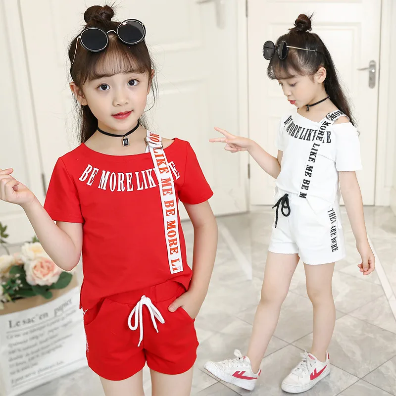 

2019 New Summer baby girls fresh color letter print vest + shorts With White Ribbon 2PCS baby girls clothes kids set 4-13 Years