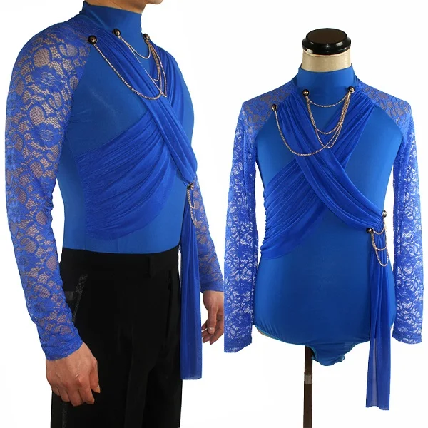 Royal blue Мужская одежда для латинских танцев, Новые Топы, одежда для тренировок, кружево с высоким воротником, длинный рукав, профессиональная бальная комната, танцевальный трико, соревнование DWY1495 - Цвет: Royal blue