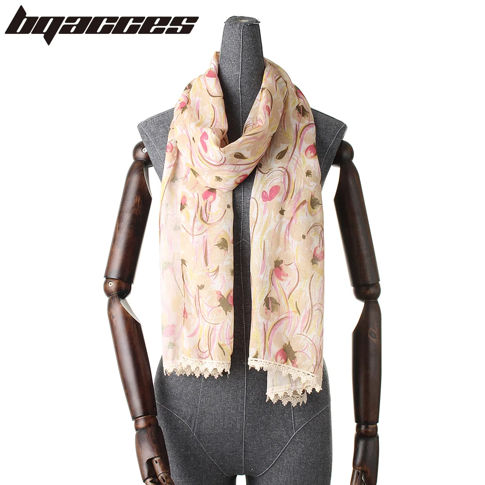 

[BQACCES] Fashion Floral Print Lace Scarf Women Flower Cotton Shawl Long Thin Scarves New Hijab Foulard Femme Brand Bufanda