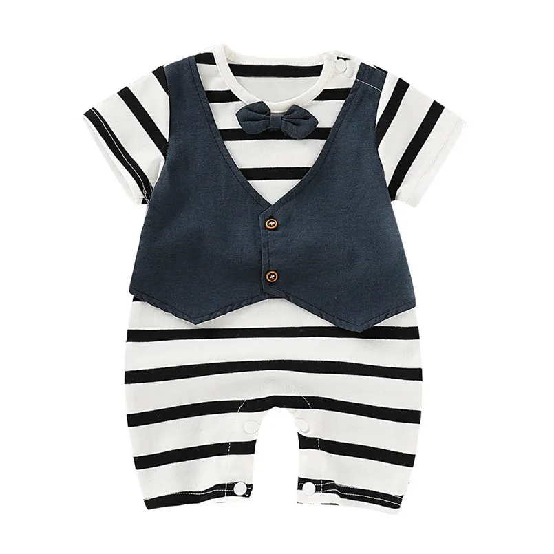 Infant Baby Boys Short Sleeve Gentleman Bow Tie Striped Print Romper Jumpsuit  (3)