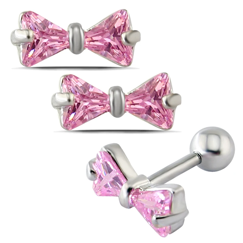16g Pink Butterfly CZ Gem Barbell Ear Piercing Stud, cartilage earring