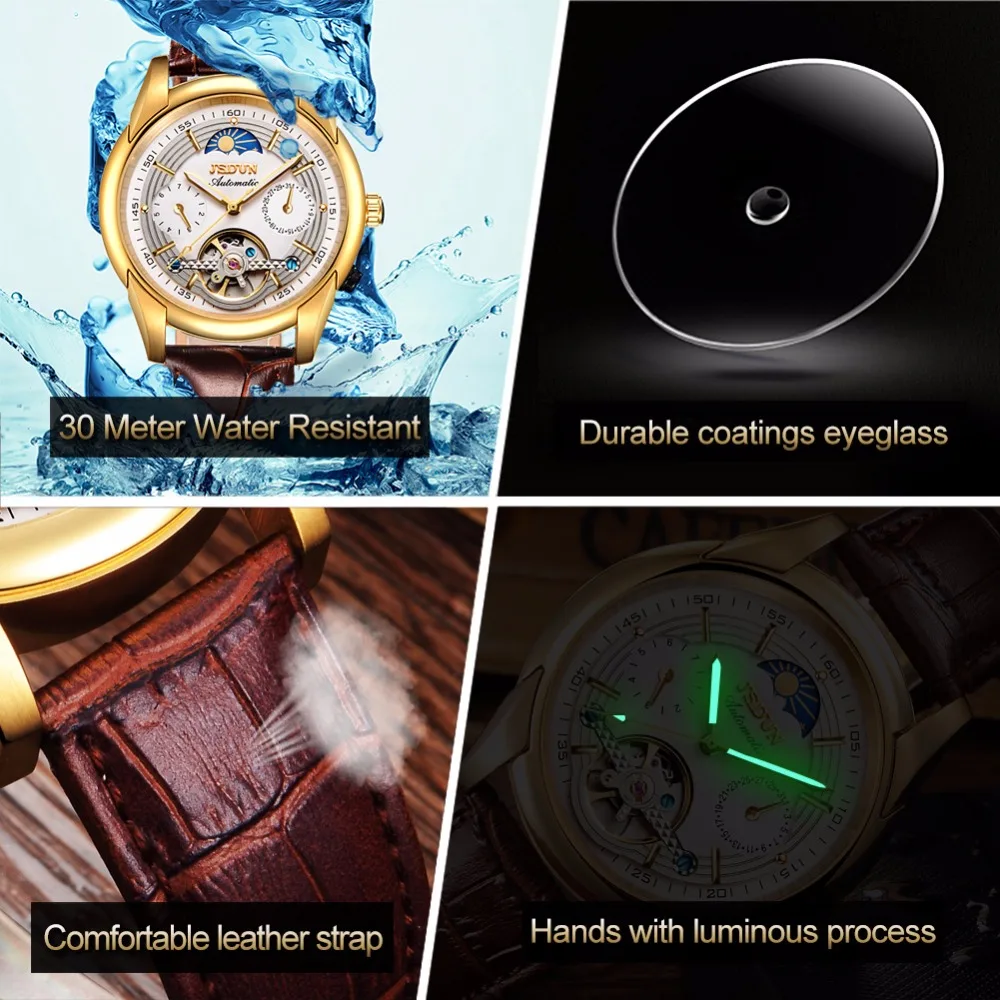 Automatic Mechanical watch men leather JSDUN Moon phase Mens Watches Top Brand Luxury Classic Business Gold Male Wrist Watch NEW