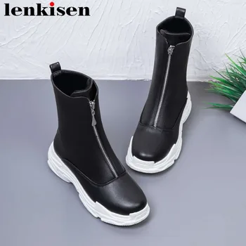 

Lenkisen european style med bottom round toe platform metal zipper handmade big size fashion round toe winter mid-calf boots L36