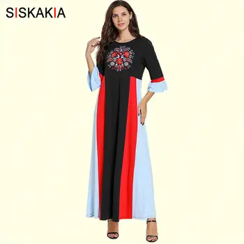 

Siskakia Ethnic T Shirt Long Dress Fashion Contrast Color Block Maxi Dresses Round Neck 3/4 Sleeve Arabic Clothes Summer 2019