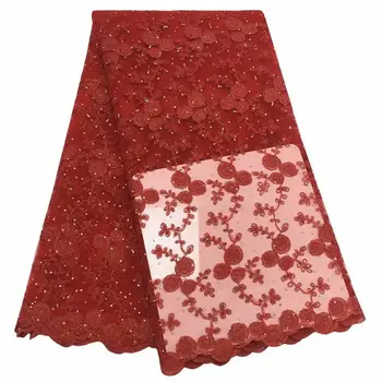 

5 yards/ Free shipping High quality Red Nigerian lace fabric french lace African lace fabric Dress lace with rhinestones