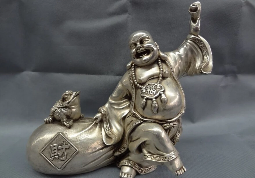 

USPS to USA S1549 14" Chinese Buddhism Silver Toad Happy Laughing Maitreya Buddha Money Bag Statue