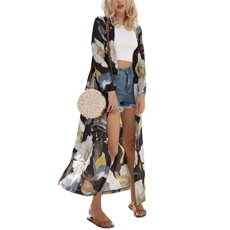 

CALOFE New Arrival Summer Sunproof Cardigan Fashion Women Printing Chiffon Bikini Cover Up Kimono Cardigan Coat Camisa