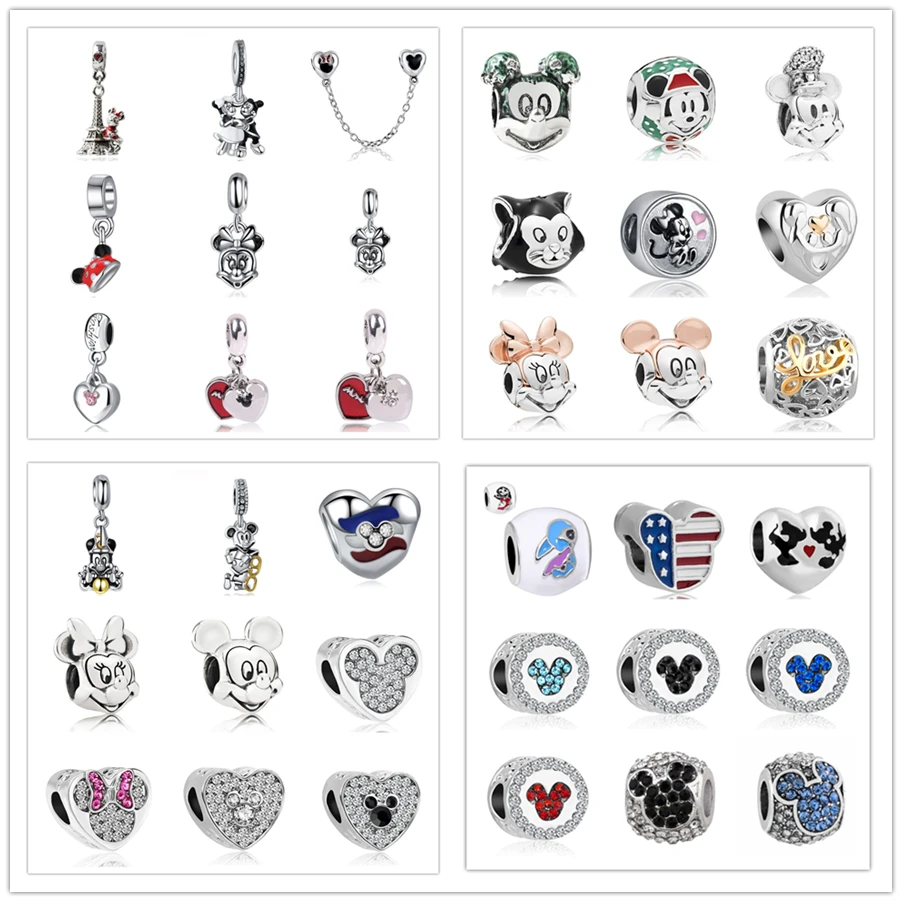 

New Original Free Shipping European Bead Mickey Minnie Love heart Charm Fit Pandora Bracelet Necklace DIY Women Jewelry Trinket